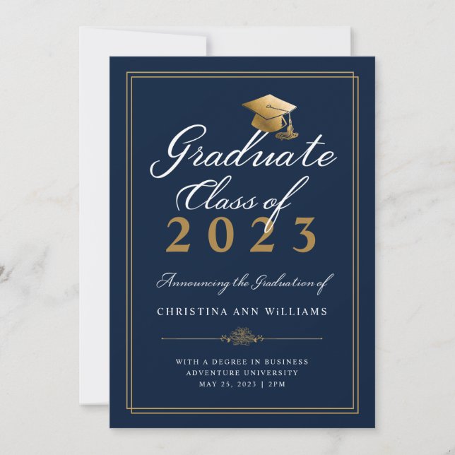 Elegant White Guld Script Blue College Graduation Meddelande (Framsida)