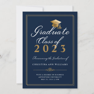 Elegant White Guld Script Blue College Graduation Meddelande