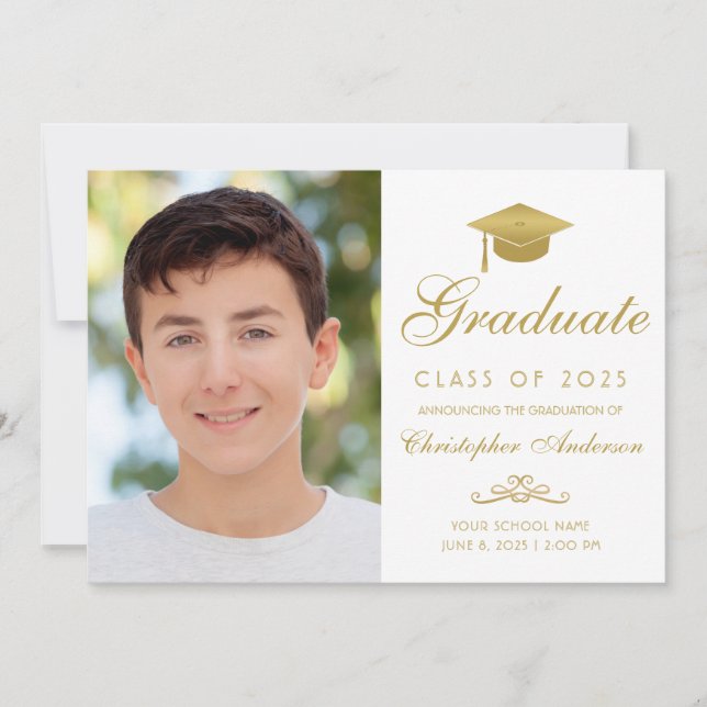 Elegant White Guld Script Cap Photo Studenten Meddelande (Framsida)