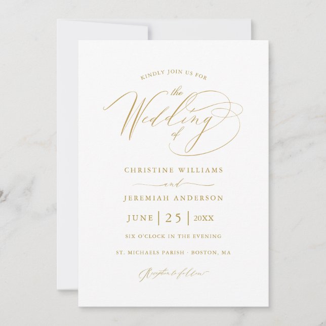 Elegant White Guld Script Minimalist Bröllop Inbjudningar (Framsida)