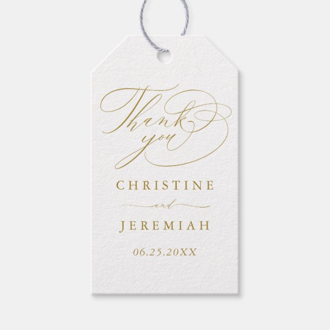 Elegant White Guld Script Namn Bröllop Tack Presentetikett (Framsidan)