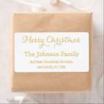 Elegant White Guld Script-Returadress för julstämn Fraktsedel<br><div class="desc">Anpassningsbar,  personlig,  elegant vit,  luxe faux guld typography script,  christmas julhelg bläckstråleskrivare kompatibel,  lättskrivbar,  projektionsyta avslutar,  namn returadressetikett levereras. Ange bara familjen namn/bride & groom/hustru & make namn och adress för att anpassa dig.</div>