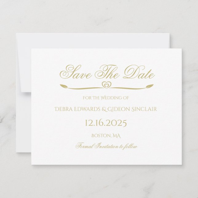 Elegant White Guld Script Simple Heart Bröllop Spara Datumet (Framsida)