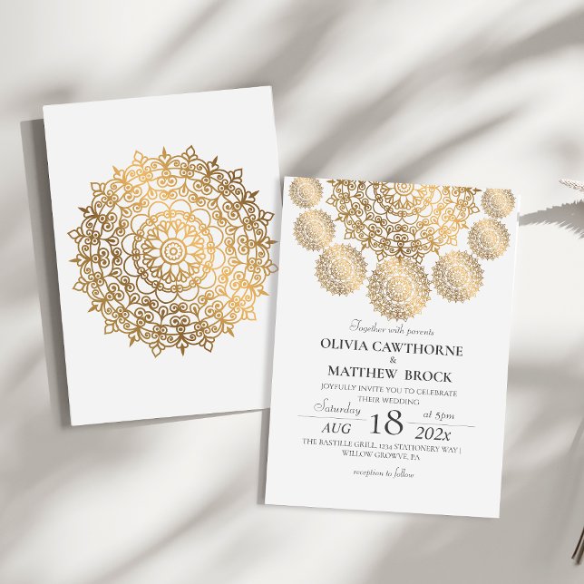Elegant White Guld Traditional Mandala Bröllop Inbjudningar (Skapare uppladdad)