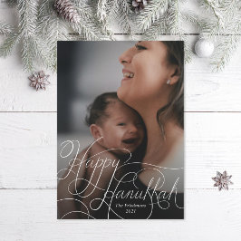 Elegant White Hand Lettered Lycklig Hanukkah Photo Julkort