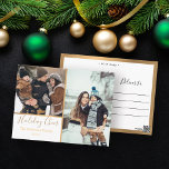 Elegant White Helgdag Cheer Photo Collage Guld Vykort<br><div class="desc">Det här moderna helgdag-kortet har ställe för två foton och är skrivet i ett handskript. Det finns faux guld gräns kring bilderna och baksidan av vykortet.</div>