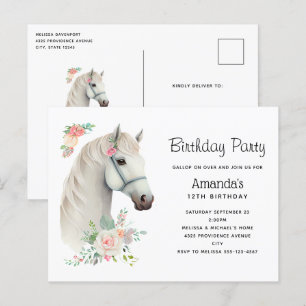 Elegant White Horse Boho Blommigt Birthday Inbjuda Vykort