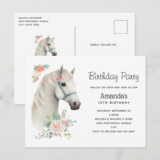 Elegant White Horse Boho Blommigt Birthday Inbjuda Vykort (Fram/baksida)