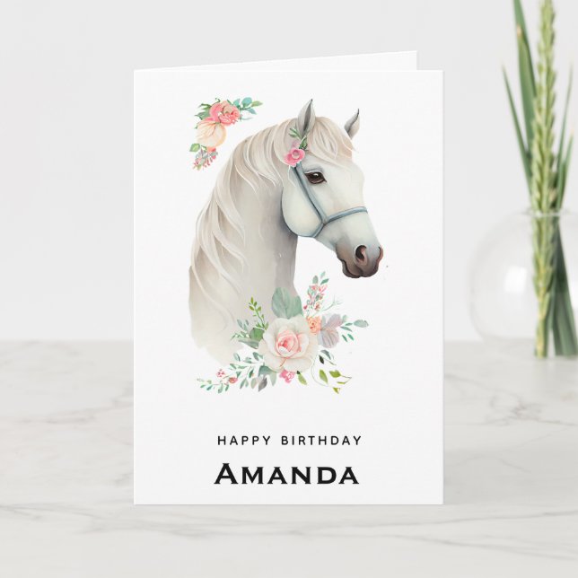 Elegant White Horse Boho Blommigt Birthday Kort (Framsida)