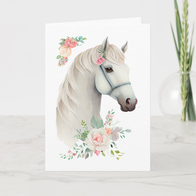 Elegant White Horse Boho Blommigt Birthday Kort (Framsida)