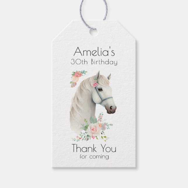 Elegant White Horse Boho Blommigt Birthday Tack Presentetikett (Framsidan)