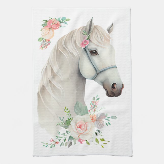 Elegant White Horse Boho Blommigt Kökshandduk (Vertikal)
