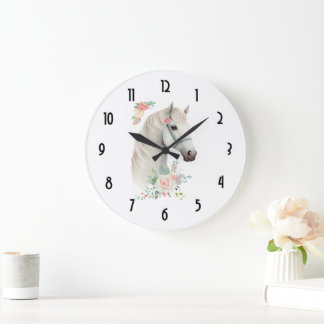 Elegant White Horse Boho Blommigt Stor Klocka