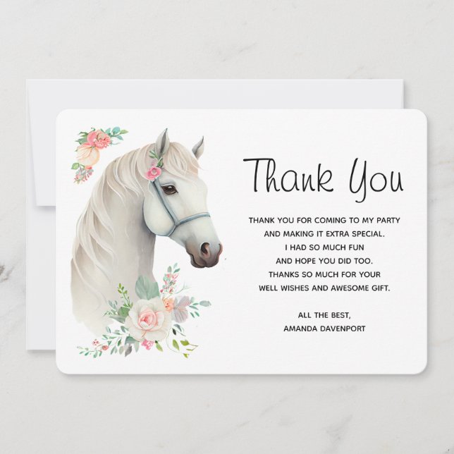 Elegant White Horse Boho Blommigt Tack Kort (Framsida)