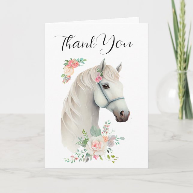 Elegant White Horse Boho Blommigt Tack Kort (Framsida)