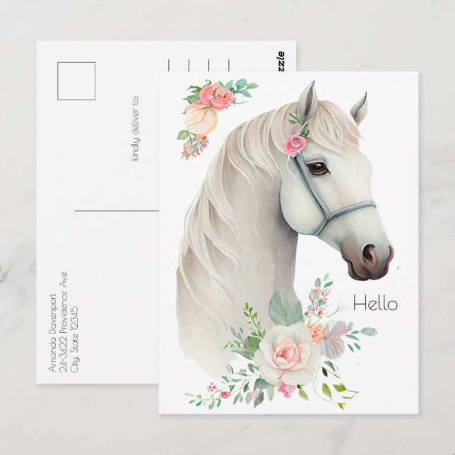 Elegant White Horse Boho Blommigt Vykort (Fram/baksida)