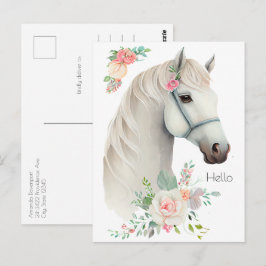 Elegant White Horse Boho Blommigt Vykort