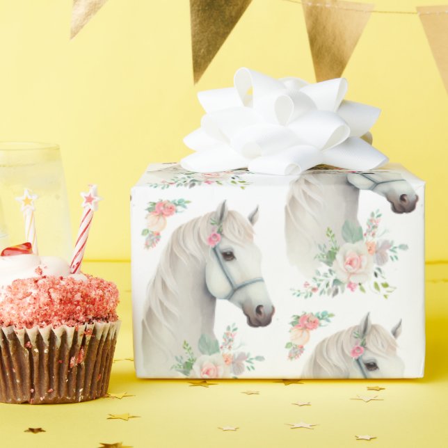 Elegant White Horse Boho Blommönster Presentpapper (Födelsedagsfest)