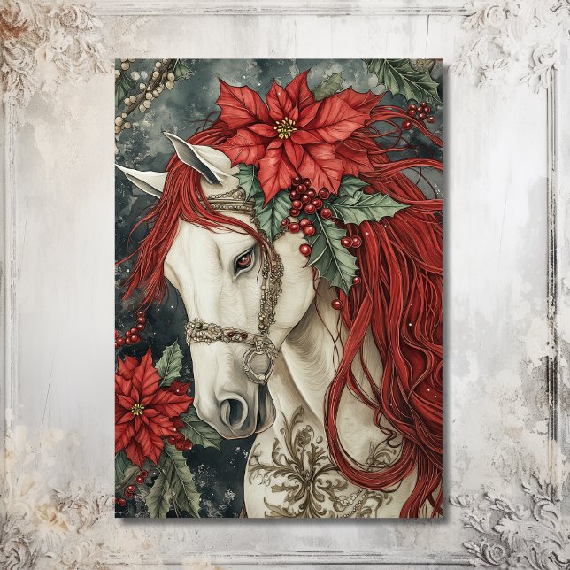 Elegant White Horse Festive jul Helgkort (Front - Elegant White Horse Festive Christmas Holiday Card)