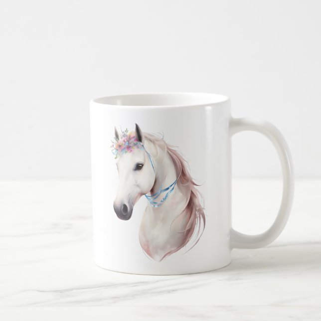 Elegant White Horse med Blommigt Krona Art Print Kaffemugg (Höger)