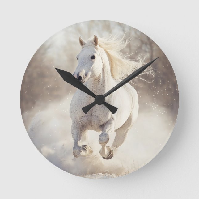 Elegant White Horse Wall Clock - Majestic Animal A Rund Klocka (Framsida)