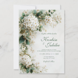 Elegant White Hydrangea Gold Botanical Wedding Inbjudningar