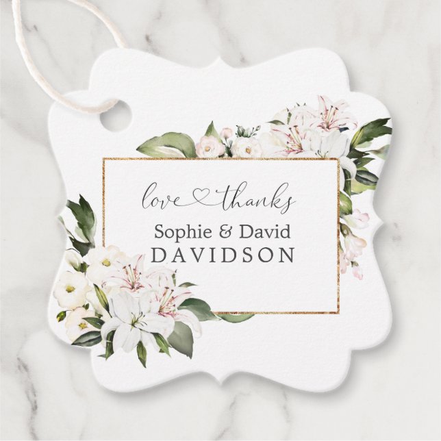 Elegant White Imperial Lilies Guld Bröllop Gåvor Etiketter (Framsida)