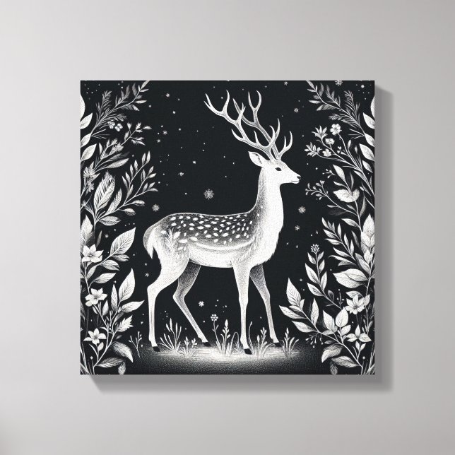 Elegant White Ink Deer in Botanical Frame Canvastryck (Framsida)