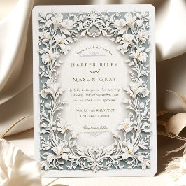 Elegant White Iris Bröllop Faux Embossed Design Inbjudningar