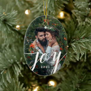 Elegant White Joy Script Photo jul Julgransprydnad Keramik