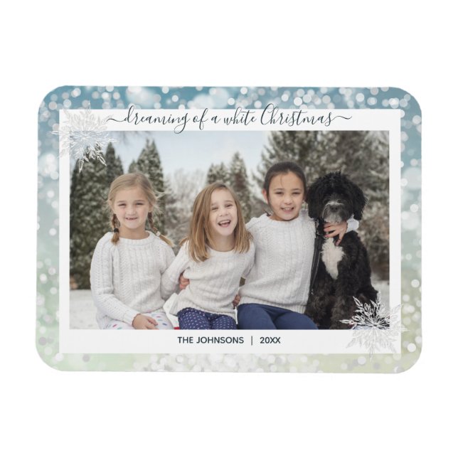 Elegant White jul Snowflake Crystal Bokeh Magnet (Horisontell)