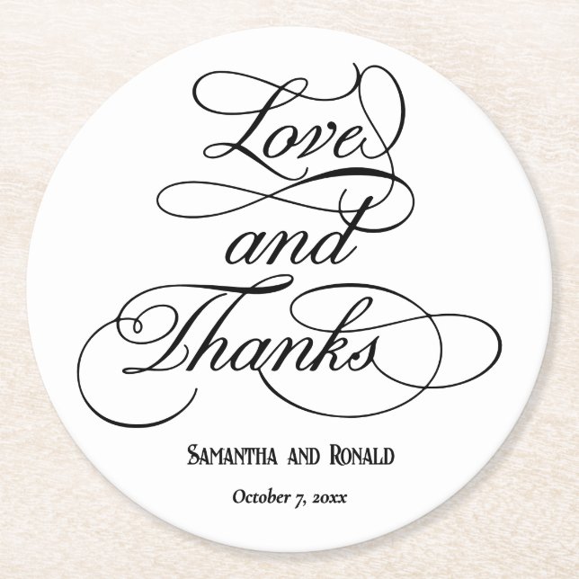 Elegant White Kärlek och Tack Bröllop Underlägg Papper Rund (Framsidan)