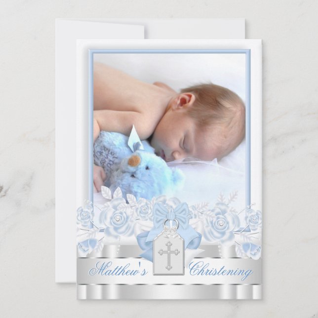 Elegant White Kor Baby blue Photo Christening Inbjudningar (Framsida)