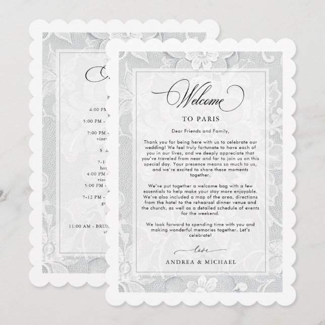 Elegant White Lace Wedding Welcome Itinerary Card Inbjudningar (Fram/baksida)