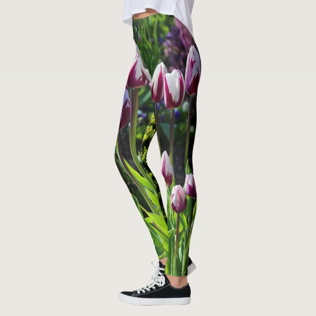 Elegant White Lila Flaming Flagga Triumph Tulips Leggings (Vänster)