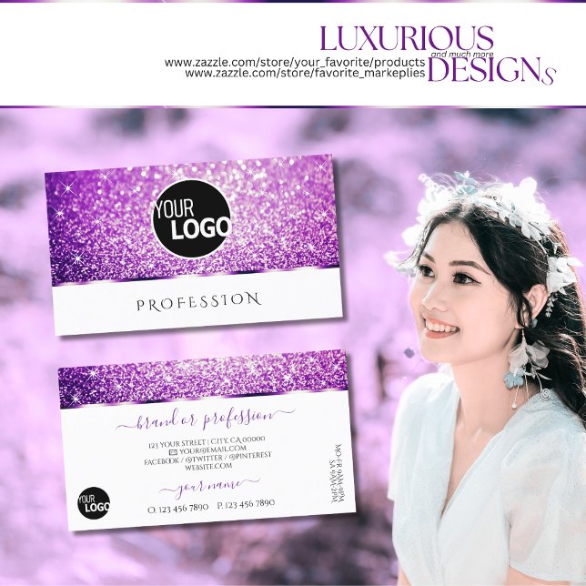 Elegant White Lila Glitter Spark Stars lägger till Visitkort (Skapare uppladdad)