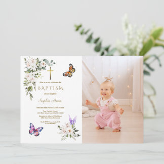Elegant White Lily Butterfly Girl Photo Baptism Inbjudningar