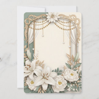 Elegant White Lily & Peony Floral Frame with Gold  Inbjudningar