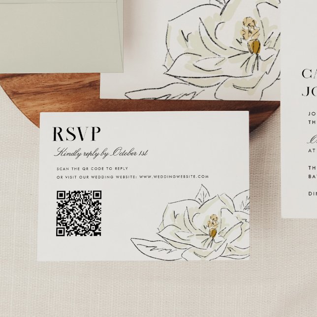 Elegant White Magnolia Bröllop QR Code OSA (Elegant Southern-inspired white magnolia illustration wedding RSVP QR code cards.)