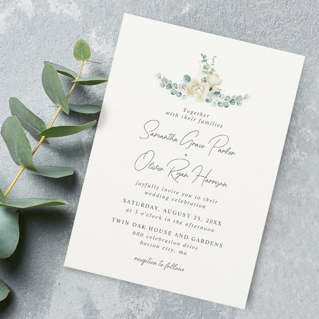 Elegant White Magnolia Eucalyptus Bouquet Bröllop Inbjudningar (Elegant White Magnolia Eucalyptus Bouquet Wedding Invitation)