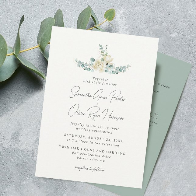 Elegant White Magnolia Eucalyptus Bröllop Detail Inbjudningar (Elegant White Magnolia Eucalyptus Wedding Detail Invitation)