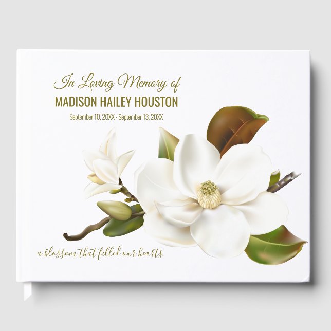 Elegant White Magnolia Flower Funeral Memorial Gästböcker (Framsida)