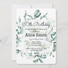Elegant White Magnolia Greenery 30års födelsedag Inbjudningar