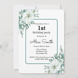 Elegant White Magnolia Greenery Flora 1:a födelsed Inbjudningar