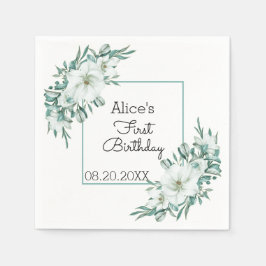 Elegant White Magnolia Greenery Flora 1:a födelsed Pappersservett