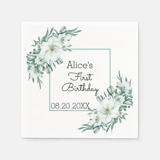 Elegant White Magnolia Greenery Flora 1:a födelsed Pappersservett (Framsidan)