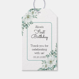 Elegant White Magnolia Greenery Flora 1:a födelsed Presentetikett