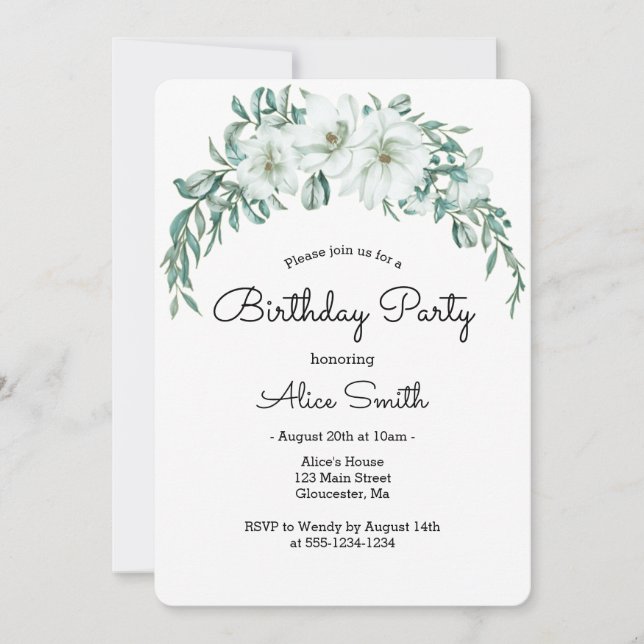 Elegant White Magnolia Greenery Flora Birthday Inbjudningar (Framsida)