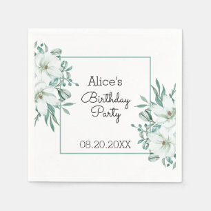 Elegant White Magnolia Greenery Flora Birthday Pappersservett