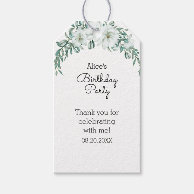 Elegant White Magnolia Greenery Flora Birthday Presentetikett (Framsidan)